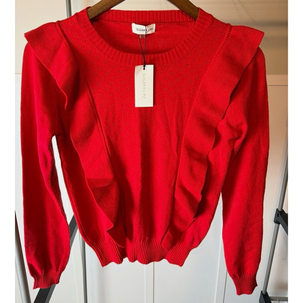 Sugar + Lips Red Ruffle Sweater Women’s XS/S NWT Pointelle Knit Long Sleeve